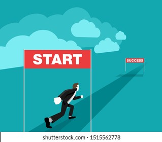 Business startup strategy concept - working career way from start to success (wealth) - businessman running in perspective view - vector illustration