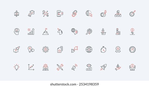 Estrategia de inicio de negocios, modelo de empresa, impulsar el conjunto de iconos de líneas de crecimiento económico y de capital. Lanzar cohete y buscar nueva idea, los accionistas delgados Ilustración vectorial de símbolos de contorno negro y rojo