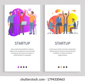 Business startup, success teamwork, happy people with rising hands, colleagues on workplace, work with laptop, professional and development vector. Website or slider app, landing page flat style