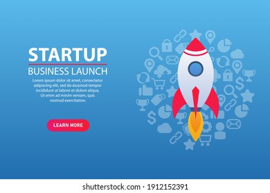Business startup. Successful rocket launch. Rocket around business startup problem icons. Can be used on web pages, mobile sites, and presentations. Investment, innovation, business boost.