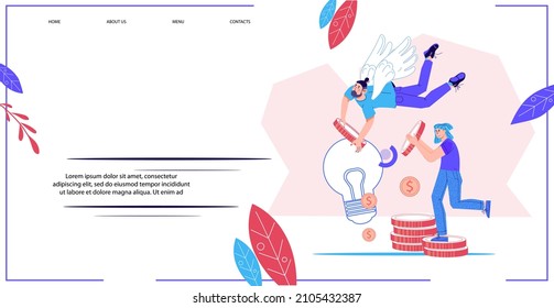 Business startup support concept of web page, angel investor and startup hub. Financial crowdfunding of  entrepreneurship, flat cartoon vector illustration for website and presentation page.