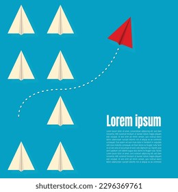 Símbolo de inicio de negocio, fondo de concepto diferente, avión de papel rojo cambiando de dirección. nueva idea. diferentes conceptos de negocio. coraje para correr riesgos. liderazgo. inicio. Ilustraciones vectoriales