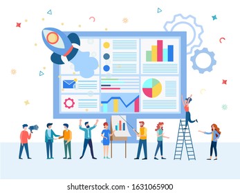 Business startup, a team of managers and marketers of the company develop the concept of effective business and its high-tech dispute resolution. Infographics on the computer screen.