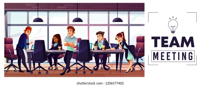 Business startup team meeting cartoon vector concept with entrepreneurs or office workers multinational characters working together, discussing plans, brainstorming business ideas in conference room