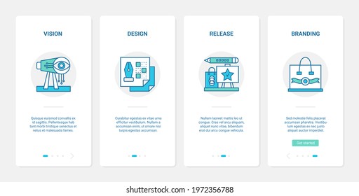 Business startup technology vector illustration. UX, UI onboarding mobile app page screen set with starting line of new brand, design branding development, vision of future achievement abstract symbol