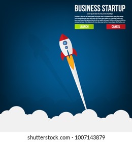 Business startup template for banner, flying rocket to sky cloud, flat design vector