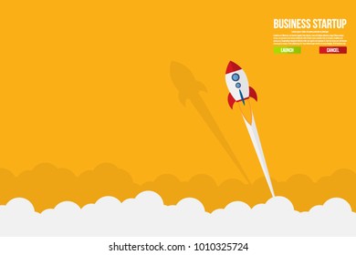 Business startup template for banner, flying rocket to sky cloud, flat design vector