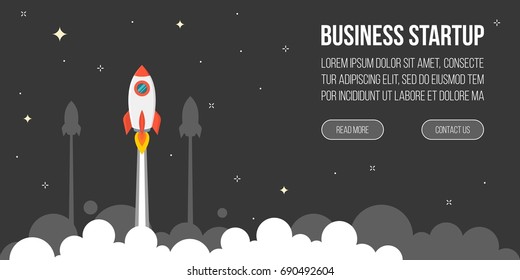 business startup template for banner, flying rocket to night sky with star and cloud, flat design vector