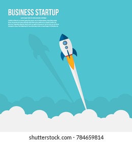 business startup template for banner, flying rocket to sky cloud, flat design vector