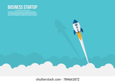 Business startup template for banner, flying rocket to sky cloud, flat design vector