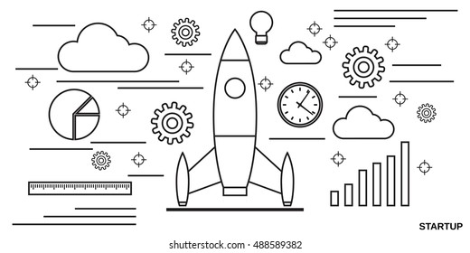 Business startup thin line art style vector web banner