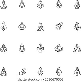 Business Startup - Thin line vector icon set. Pixel perfect. Editable stroke. For Mobile and Web. The set contains icons: Startup, Launch Event, Beginnings, New Business, Motivation, Rocket, Opening.