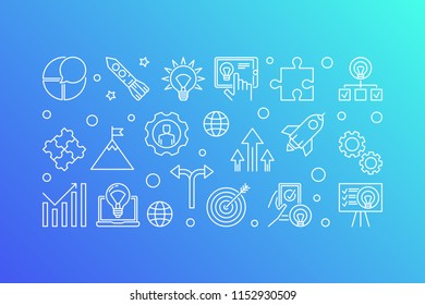 Business startup vector concept horizontal banner. Start Up illustration made with start-up icons in thin line style on blue background