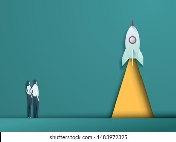 Business startup vector concept with team looking at rocket launching. Symbol of innovation, new technology, investment, venture business. EPs10 illustration.