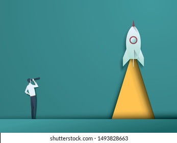 Business startup vector concept with business visionary looking at rocket launching. Symbol of innovation, new technology, investment, venture business. Eps10 illustration.