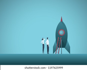 Business Startup Vector Concept With Business Woman And Man Standing Next To A Rocket. Symbol Of New Business, Entrepreneurship, Innovation And Technology. Eps10 Vector Illustration.