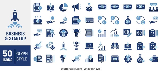 Business Startup vector icon set. For Mobile and Web. The set contains icons: Startup, Launch Event, Beginnings, New Business, Motivation, Rocket, Opening.