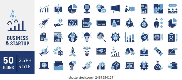 Business Startup vector icon set. For Mobile and Web. The set contains icons: Startup, Launch Event, Beginnings, New Business, Motivation, Rocket, Opening.
