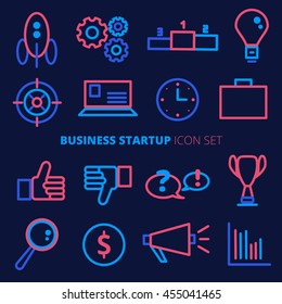 Business startup vector icon set. Banking and finance symbols in trendy neon line style
