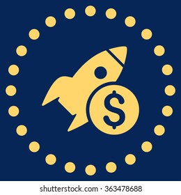 Business Startup vector icon. Style is flat circled symbol, yellow color, rounded angles, blue background.