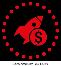 Business Startup vector icon. Style is flat circled symbol, red color, rounded angles, black background.