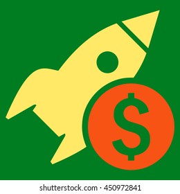 Business Startup vector icon. Style is bicolor flat symbol, orange and yellow colors, green background.