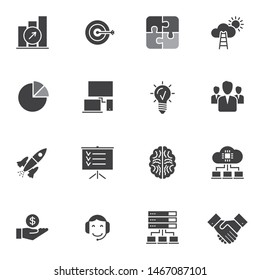 Business startup vector icons set, modern solid symbol collection, filled style pictogram pack. Signs, logo illustration. Set includes icons as startup rocket, business people, presentation screen