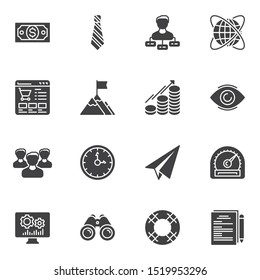 Business startup vector icons set, modern solid symbol collection, filled style pictogram pack. Signs, logo illustration. Set includes icons as money bill, online shopping, teamwork group, worldwide