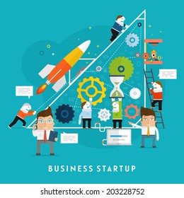 Business Startup Vector Illustration. Flat Style Design. Mobile Technologies, Time and Money Management. Teamwork Concept.