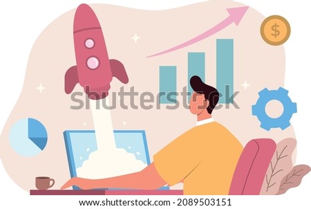Business Startup vector illustration of an new entrepreneur analyzing his company growth or success and launching his new company startup.