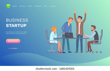 Business startup vector, man with team, people sitting by table brainstorming and making decisions for project successful start and development. Website or webpage template, landing page flat style