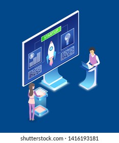 Business startup vector, man and woman working in pair people with laptop and information on screen isometric 3d. Professional launching rocket isolated