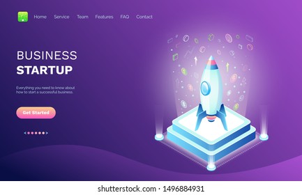 Business startup vector, pedestal with rocket with icons and currency dollar money coins and infographics, project on work, purple color. Website or webpage template, landing page flat style