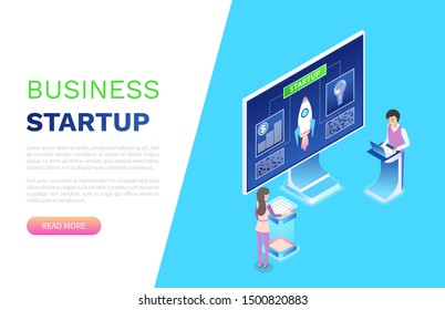Business startup vector, people working on new innovative project man and woman with data and information, monitor with info screen of computer. Website or webpage template, landing page flat style