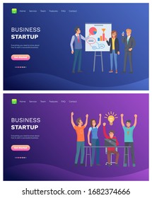 Vektorillustration für Unternehmensgründungen, Präsentation und Moderator, die Ideen und Diagramme zu Infografiken und Schemata zeigt, erstellt erfolgreiche Teams, die zusammenarbeiten. Website- oder Webseitenvorlage, Landing-Page-Stil