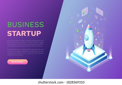 Business startup vector, spaceship rocket launching, pedestal with spacecraft and dollar money currency, infographics and info arrows set. Website or webpage template, landing page flat style