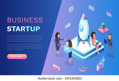 Business startup vector, team of skillful workers working with rocket standing on pedestal, infocharts and team using laptops and computers. Website or webpage template, landing page flat style