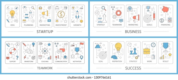 Business startup web banner set. Idea of creative thinking. Support, goal and analysis. Business, teamwork, success. Flat vector illustration