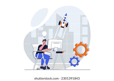 Business startup web concept with character scene. Man generates ideas, planning and launches new project. People situation in flat design. Vector illustration for social media marketing material.