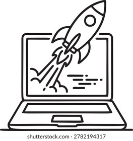 Business startup and website optimization vector illustration. Rocket launching from a laptop computer screen. Black and white line art.