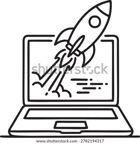 Business startup and website optimization vector illustration. Rocket launching from a laptop computer screen. Black and white line art.