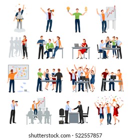 Business startup work moments flat icons collection with meeting planning presentation brainstorming teamwork and success isolated vector illustration 