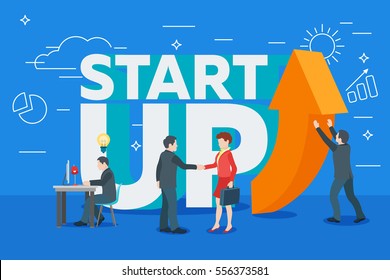 Business startup work moments flat banner. New ideas, search for investor, increased profits. Vector illustration of a business situation. Businessman and businesswoman enter into a contract