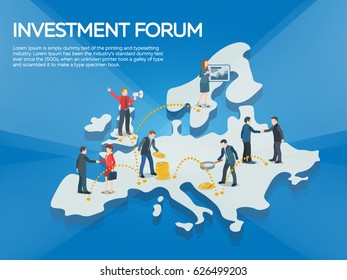 Business startup work moments flat banner. People on the europe map 3d. New ideas, search for investor, increased profits. Business situation. Businessman and businesswoman enter into a contract