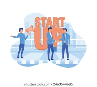 Business startup work moments. Search money, contracting, promotion. Man with a magnifier, two people shake hands, a man with a loudspeaker. flat vector modern illustration