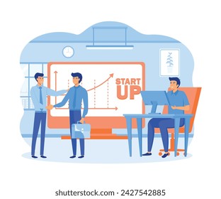 Business startup working moments flat banner. New ideas, looking for investors, increasing profits. Businessman signing a contract. flat vector modern illustration