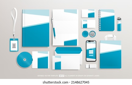 Business Stationery Brand Identity Mockup set with blue and white abstract geometric design. Office stationary items mockup template. Company corporate style template