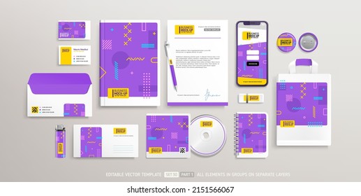 Business Stationery Brand Identity Mockup set with trendy abstract design part 1. Office stationary items mockup set  - editable template. Company corporate style design