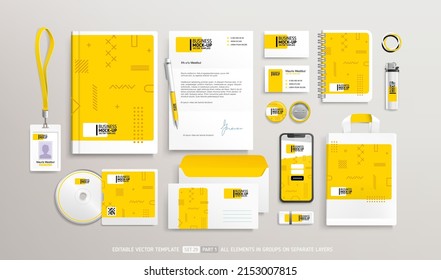 Business Stationery Brand Identity Mockup set with trendy abstract yellow graphics design part 1. Office stationary items mockup set  - editable template. Company corporate style design