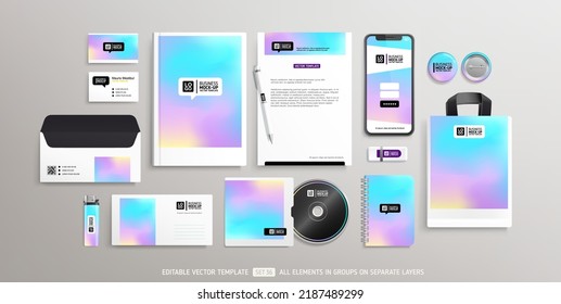 Business Stationery Brand Identity Mockup set con fondo de degradado abstracto de moda. Conjunto de simulación de elementos estacionarios de Office - plantilla de vector editable. Diseño de estilo corporativo
